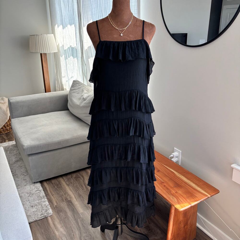 Mink Pink Black Tiered Ruffle Maxi Dress Summer Wedding Guest Sundress Medium - Picture 5 of 8